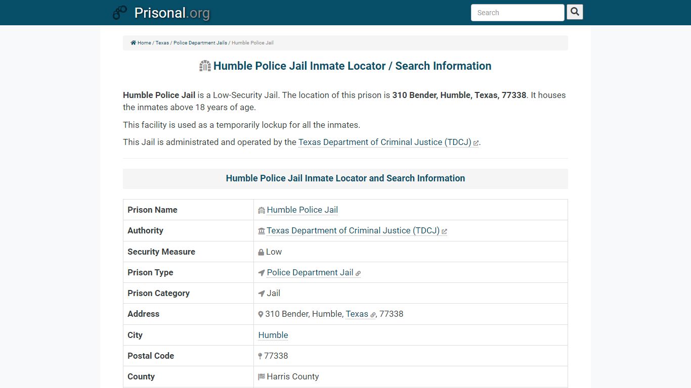 Humble Police Jail-Inmate Locator/Search Info, Phone, Fax ...